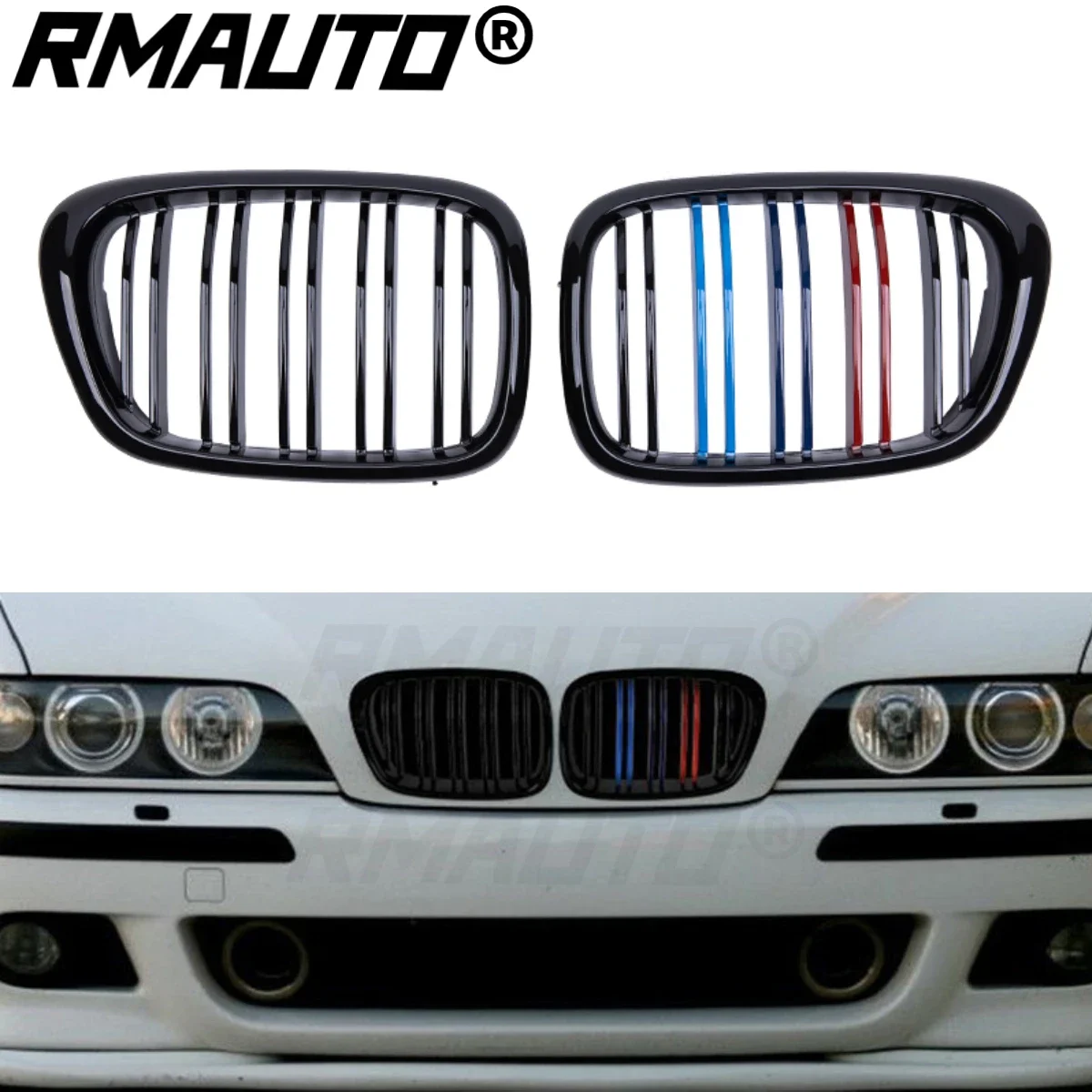 RMAUTO M Style Car Front Bumper Kidney Grille Racing Grill Glossy Black For BMW E39 5 Series 1997-2003 Car Body Styling Kit