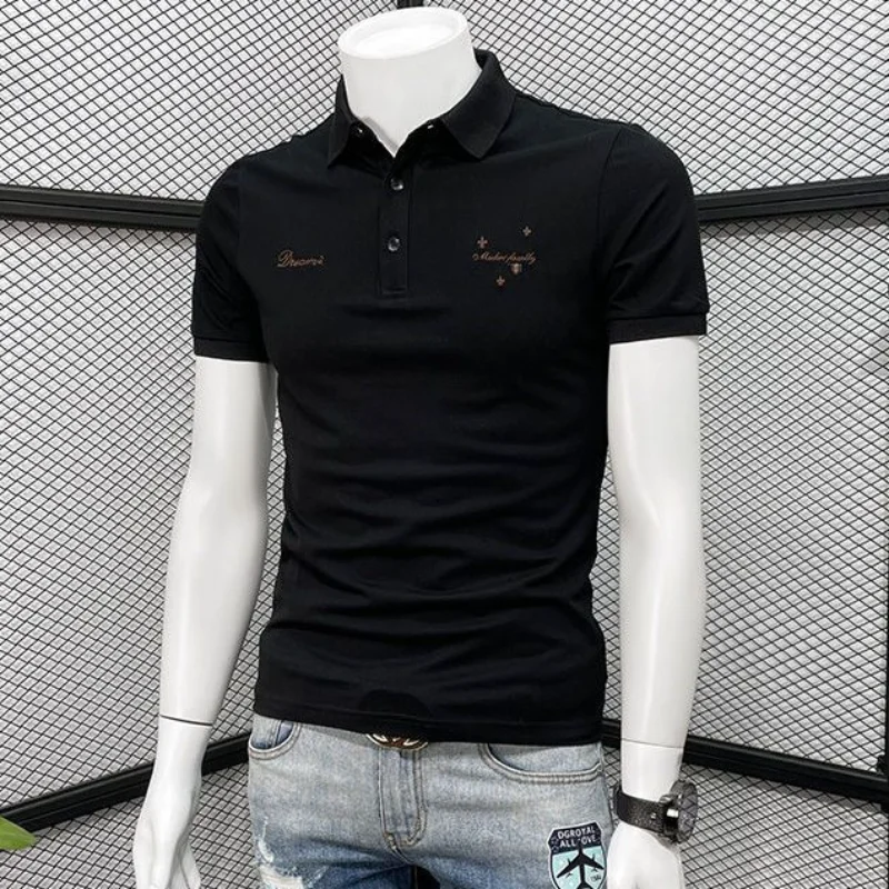 Male Polo T Shirts Skinny Top Embroidery Black Slim Fit White Clothing With Collar Tee Shirt for Men Streetwear New In Print S