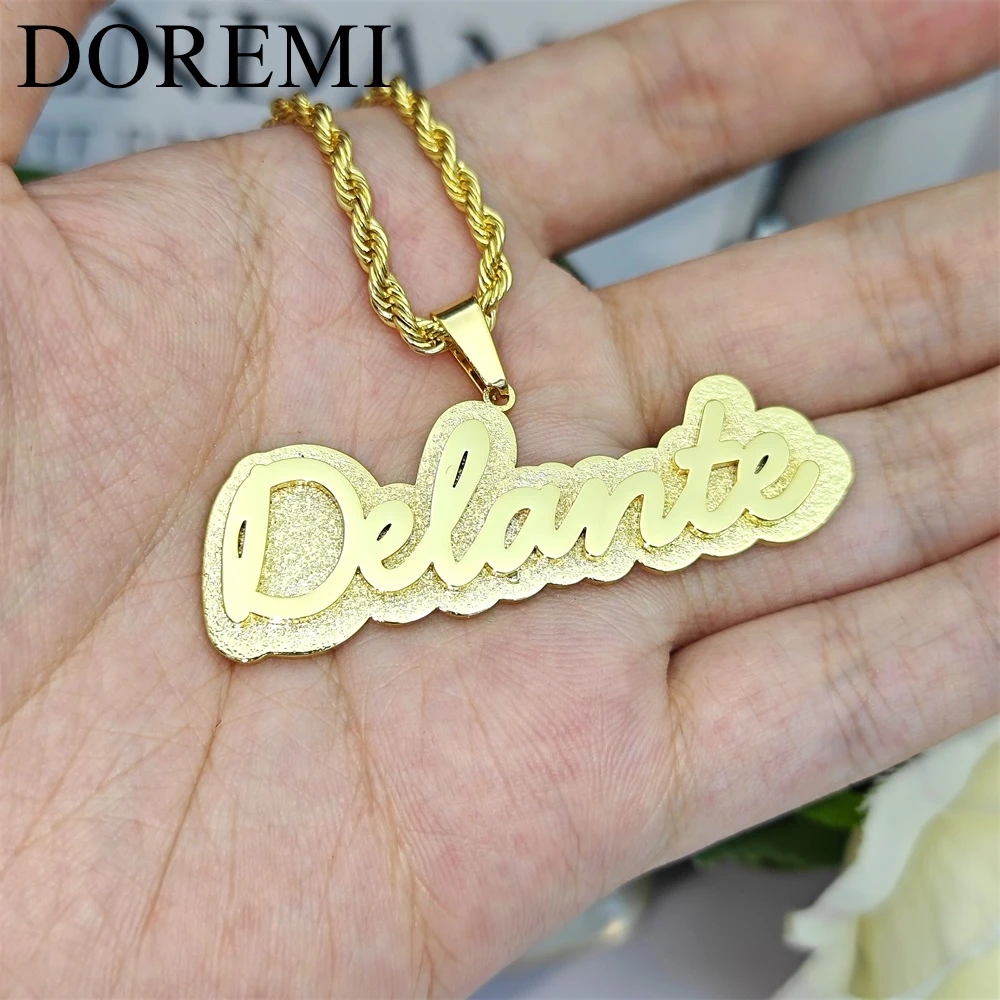 DOREMI Custom Double Layer Name Necklace Stainless Steel Raised Letter Design with Frosted Background Personalized Name Necklace