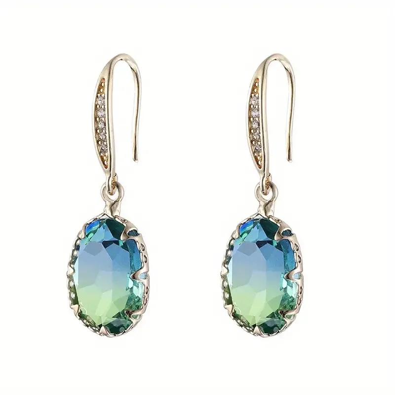Exquisite Oval Inlaid with Blue Green Zircon Earrings Elegant Fashion Gold Color Engagement Wedding Dangle Earrings for Women