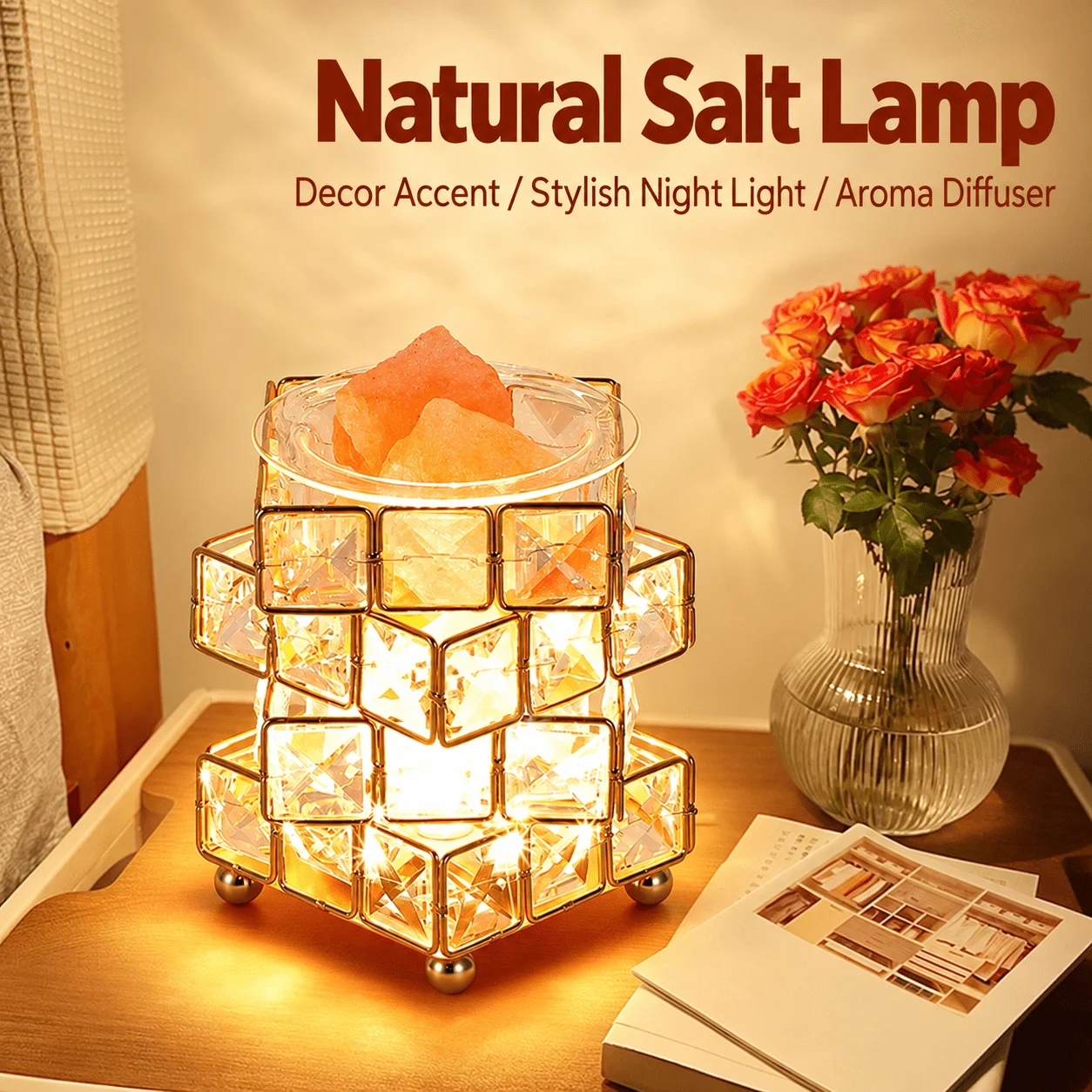 Persun Crystal Salt Stone Table Lamp for Master Bedroom Bedside Aromatherapy Sleep Aid Dimmable Glass Night Light