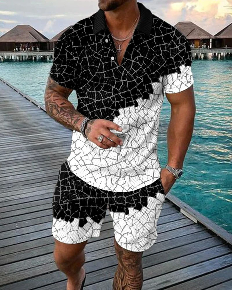 Man Clothes Boho Geometric Style 3D Print Men Polo shirts Set Zipper Lapel Polo Sets Zipper Collar+Shorts 2pcs Hawaii Holiday