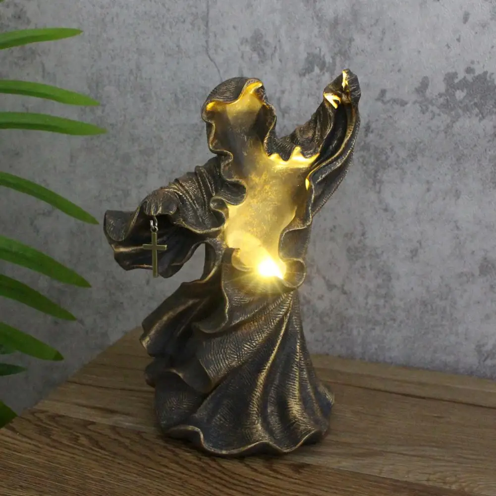 Night Light Resin Halloween Statue with Light Spooky Faceless Robe Sculpture Mysterious Ghost Tabletop Decoration for Indoor