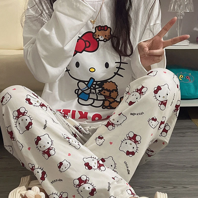 

Kawaii Sanrio Hello Kitty Pajamas Pochacco Anime Cartoon Students Autumn Winter Polyester Long Sleeved Girls Nightwear Gift