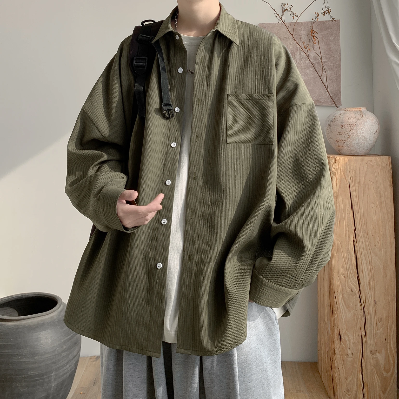 

Men's Long Sve Casual irt een Texture Anti-Wrinkle Non-Iron Spring Autumn High-End Feeling Cool Drapey Sle