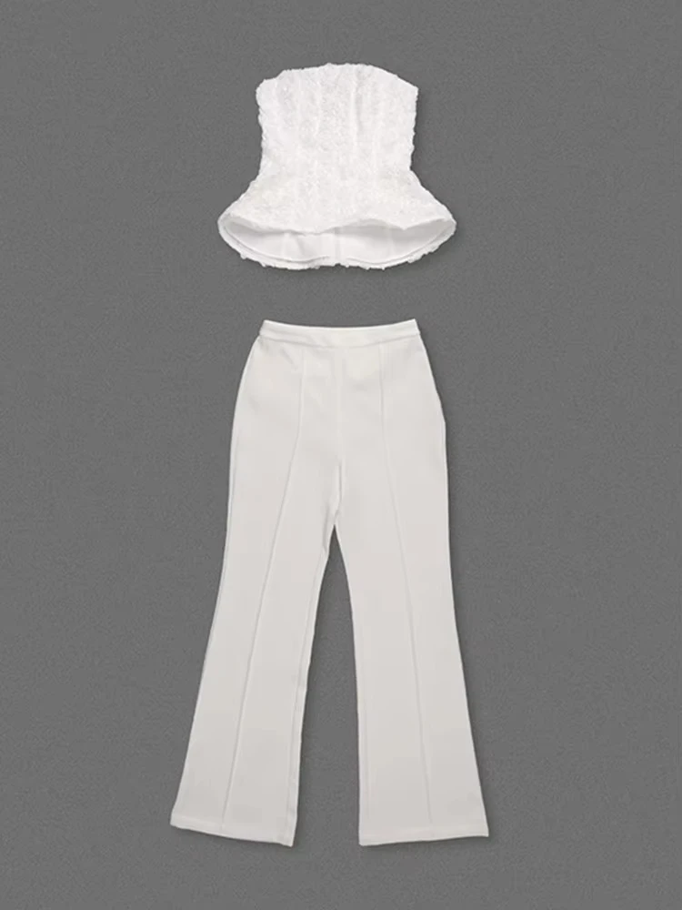 2025 Set da donna invernale sexy senza spalline fiore bianco due pezzi pantaloni fasciatura set celebrità designer moda donna
