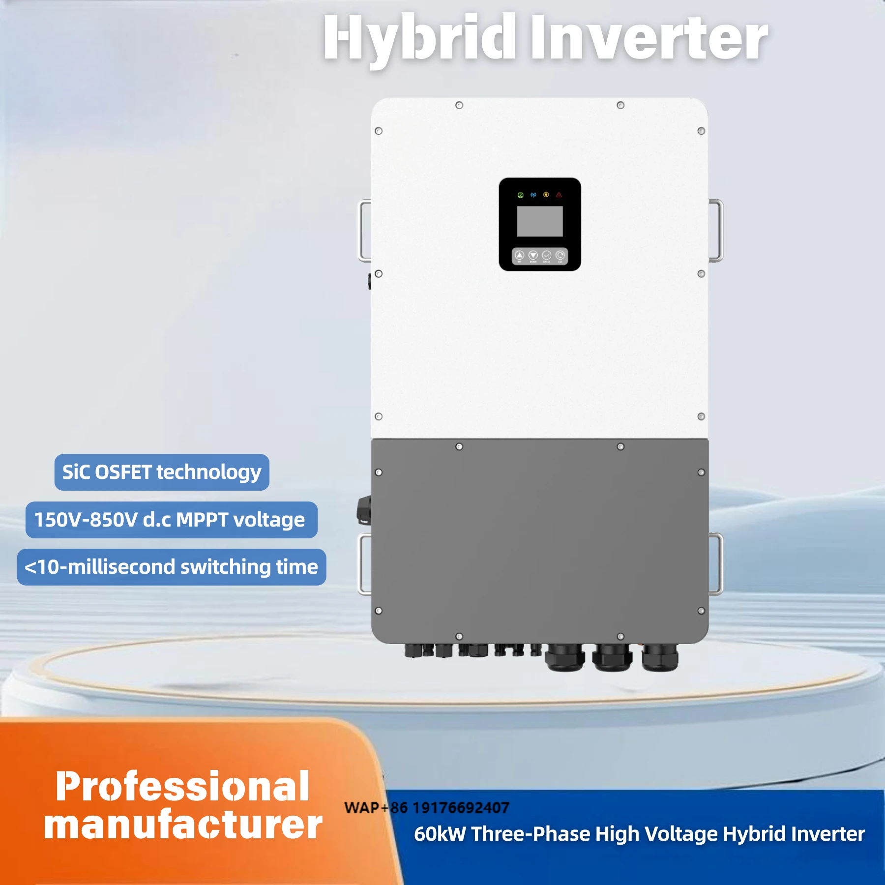 Commercial-grade 3-phase 4MPPTs Hybrid Solar Inverter 60kW 48V 380/400VAC IP66 LCD Display