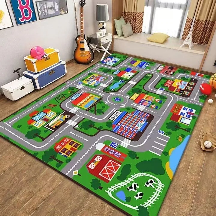 VIKAMA Crystal Velvet Carpet Children\'s Anti-Fall Mat Urban Traffic Scene Map Game Toy Blanket Road Track Parking Lot Mat