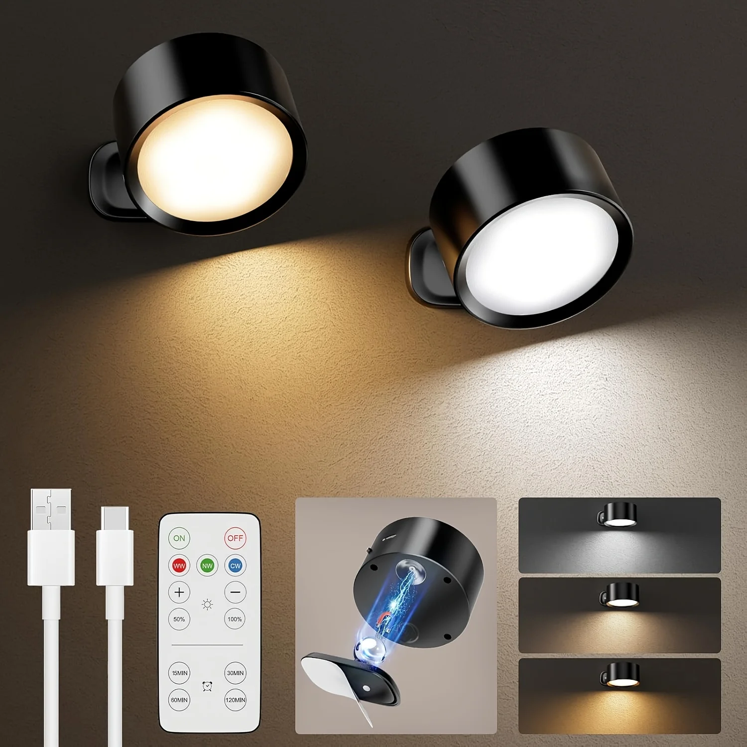 2PCS Magnetic LED Wall Sconce Light USB Rechargeable Dimmable 3 Color Temperatures Warm Cool Daylight Remote & Touch Dual Control 360° Rotation Wall Mount Lamp for Bedroom Study Reading Living Room Hallway Closet Stairway Indoor Soft Light