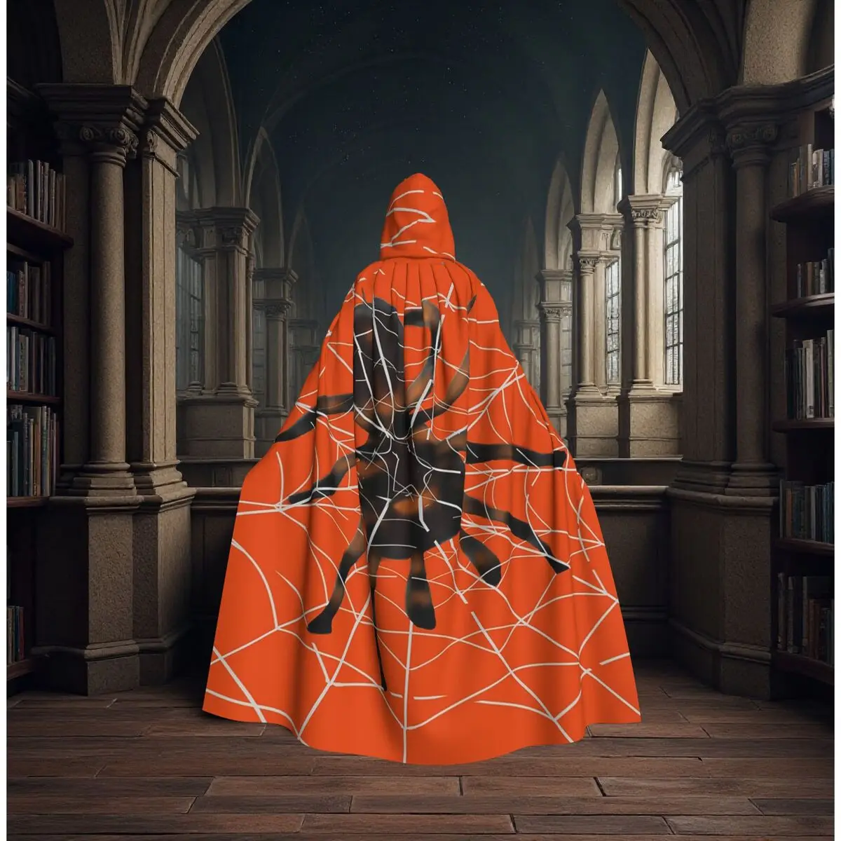 

Плащ-накидка с капюшоном и принтом оранжевого паука, средневековый костюм ведьмы, плащ для косплея на Хэллоуин, унисекс для взрослых