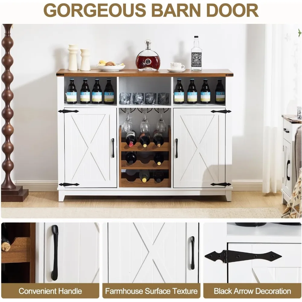 Mueble para bar de vinos de granja, mueble tipo buffet con 51 aparadores con botellero desmontable y 3 compartimentos de almacenamiento abiertos,