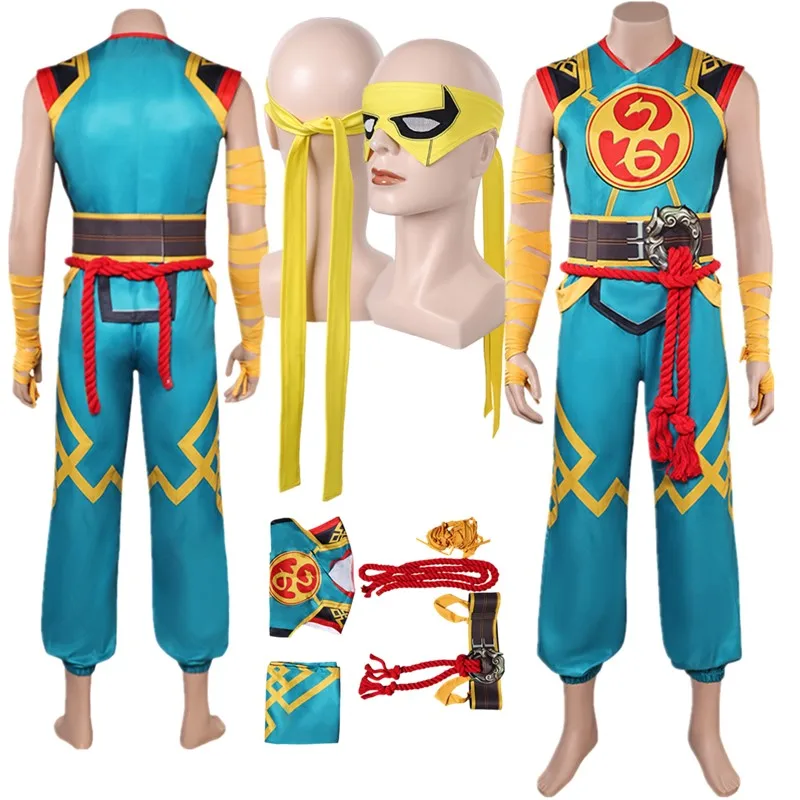 

Iron Cosplay Fist Costume Lin Eyemask Lie Headband Sword Disguise Master Top Pants Belt Outfits Halloween Carnival Party Suit