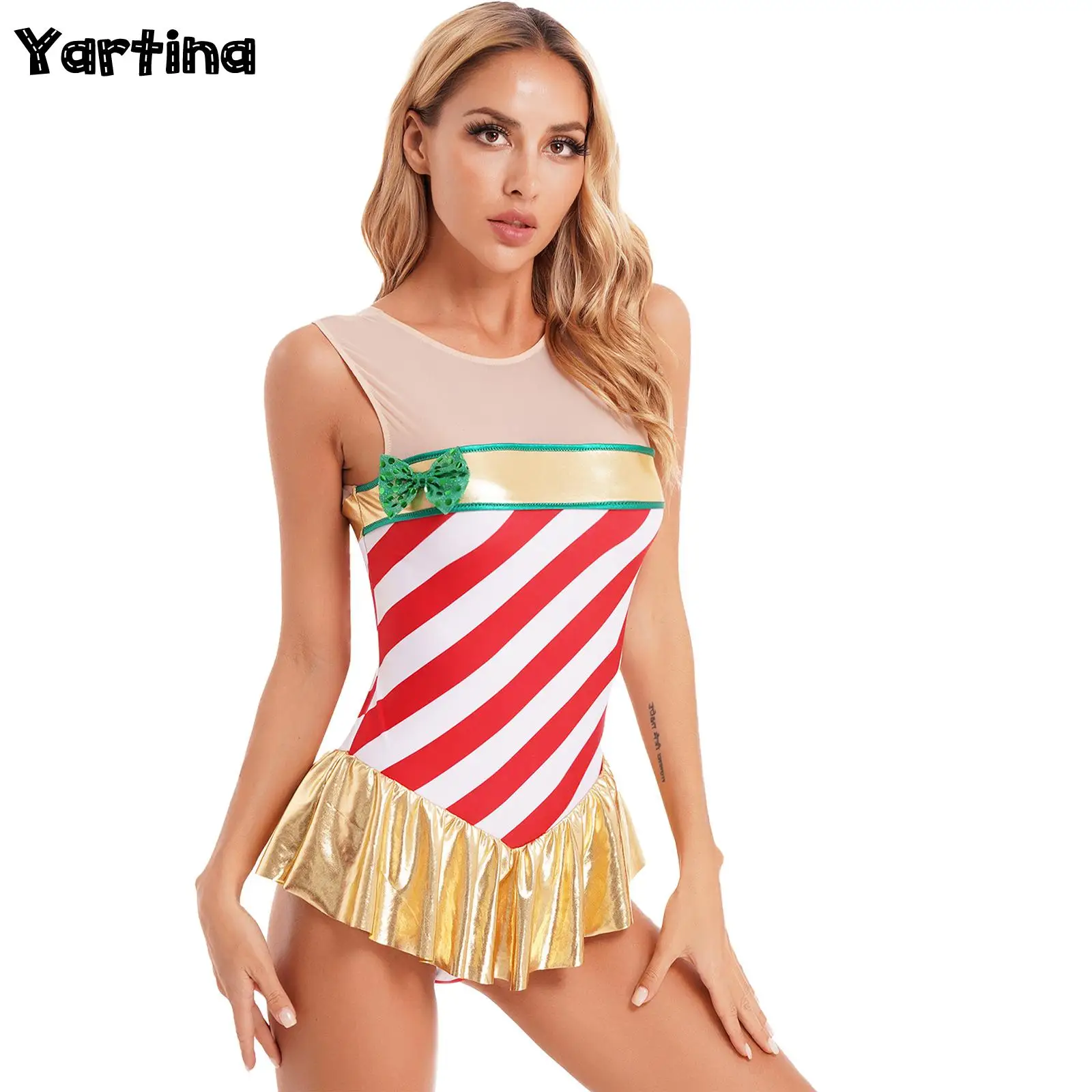 

Adult Womens Christmas Elf Candy Cane Cosplay Costume Gymnastic Leotard Ballet Figure Skating Outfits Ruffled Mini Skirt Dress