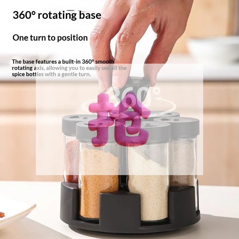 1 Set Spices And Seasonings Kit With Rack 6-Jar Revolving Spice Rack Countertop Seasoning Organizer Spice Pots Storage Containe