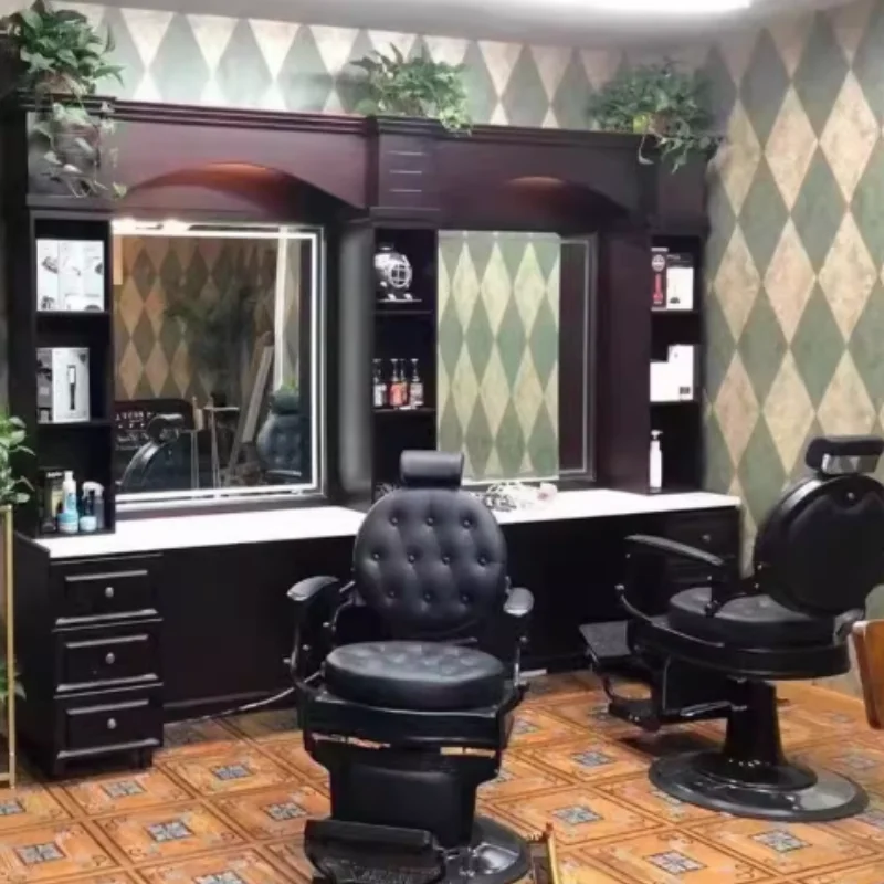 Wooden Perm Hair Coloring Men's Oil American Vintage Salon Barber Shop Head LED Styling Hairdressing Barber Mirror