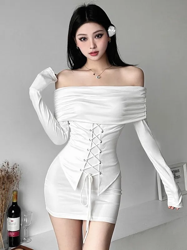 

Soft Girl Style Tie Waist One Shoulder Long Sleeved Dress Spring Women Autumn New Slim Fit Sexy White Wrap Buttocks Skirt HL7K