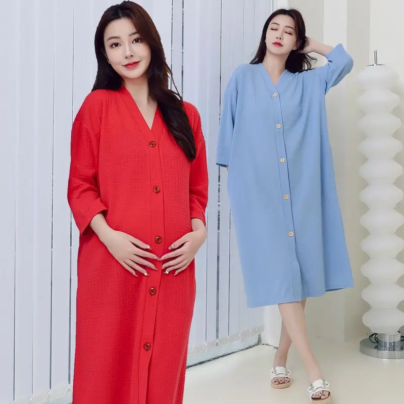 Women'S Waffle Knit V-Neck Short Sleeve Button Front Loungewear Robe Soft Breathable Casual Home Bathrobe For Adults Bathroom