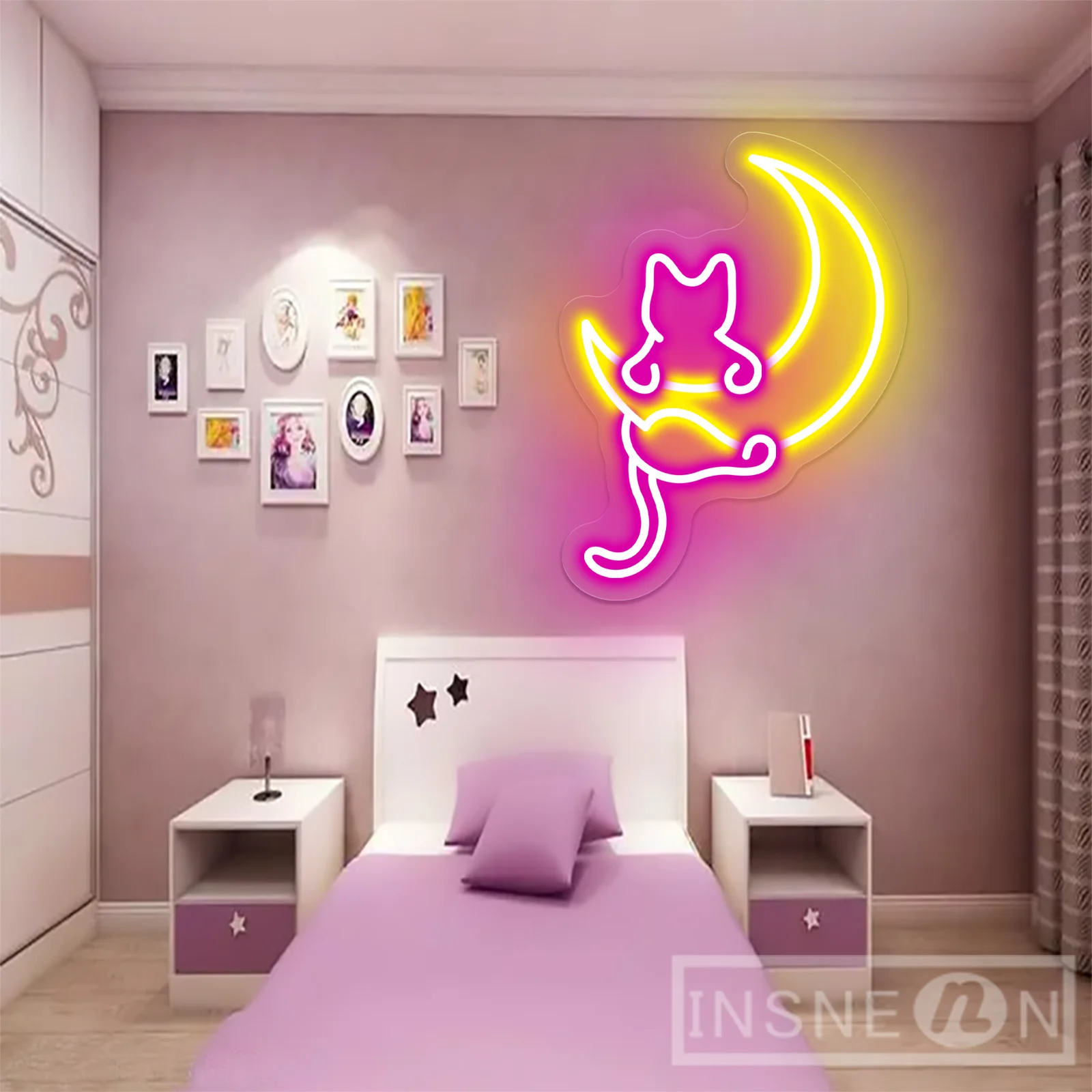 Imagem -03 - Sinal de Néon Personalizado Gato e Lua Luz Noturna Led Lâmpada para Quarto Decoração de Parede Casa Presente para Meninas e Meninos