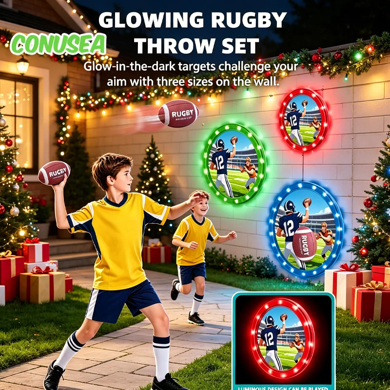 Children Rugby Sports Toys Luminous Sticky Target Ball Throwing Set Indoor Outdoor Games Hand-Eye Coordination Training Toys