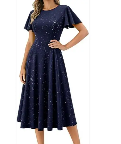

Women's Dress Summer New Elegant Temperament Shiny Print Round Neck Slim Fit High Waisted Flared Sleeve Design A-Line Dress