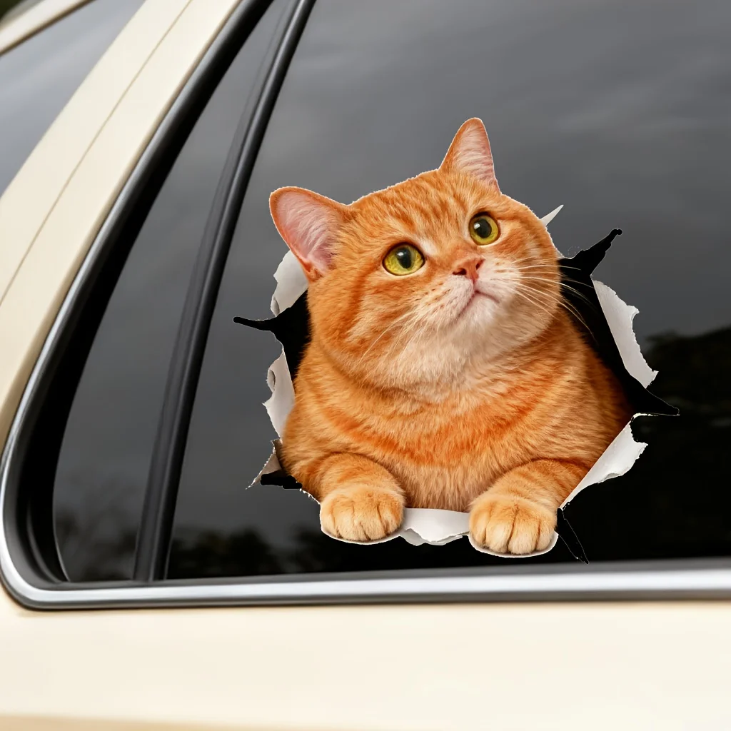 Cute Orange Cat 2D Break Wall Visual Illusion PVC Sticker Waterproof Decal For Car Motorcycle Helmet Laptop Garage Decor