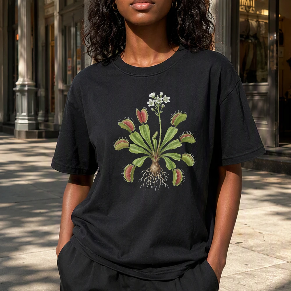 Scientific Venus Flytrap Root Woman Detailed Educational Top Botany Textbook Graphic Tee Museum School Wear T Shirt