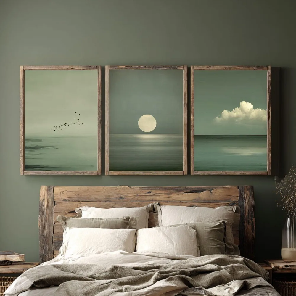 3pcs frameless Canvas Painting 3pcs Frameless,Japandi Wall Art Minimalist Saint Green Poster Scandinavian Zen Decor Calm Sea Vie
