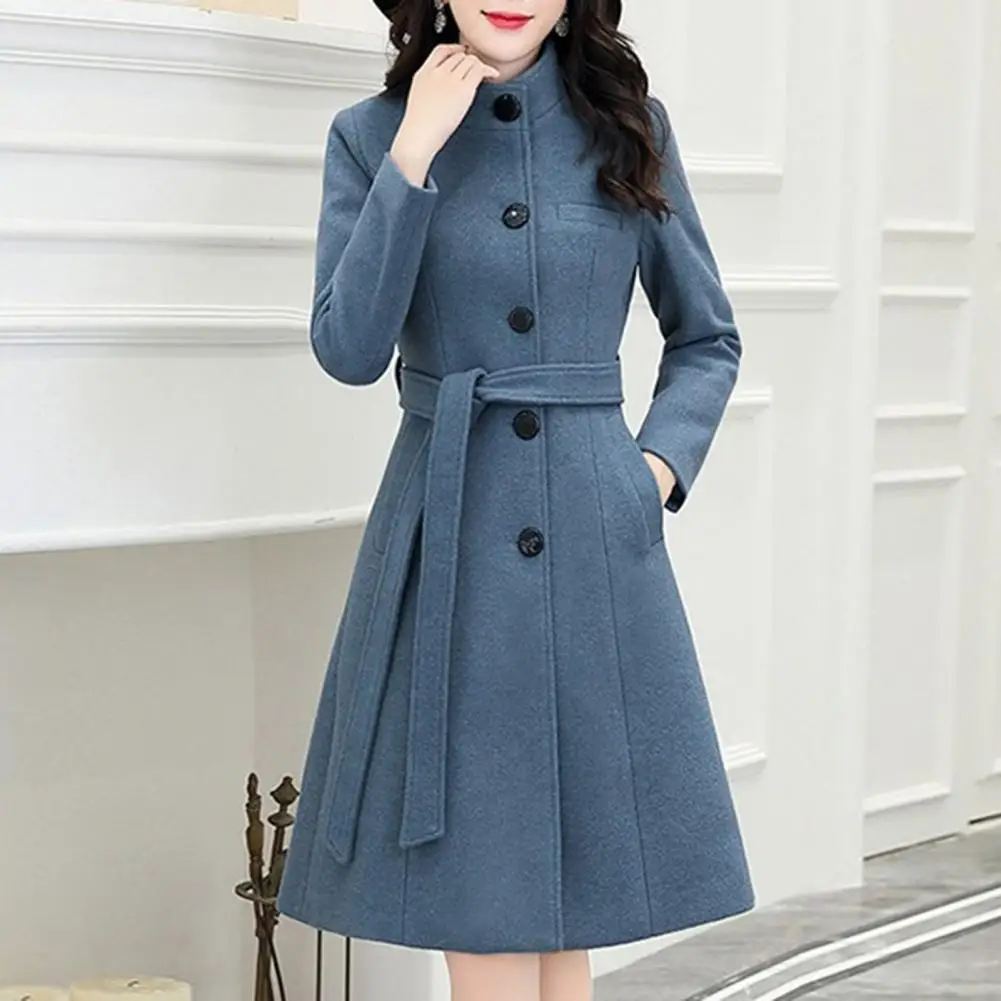 Trendy Vrouwen Overjas Lange Mouw Super Zachte Vrouwen Wollen Jas Slim Fit Riem Trenchcoat