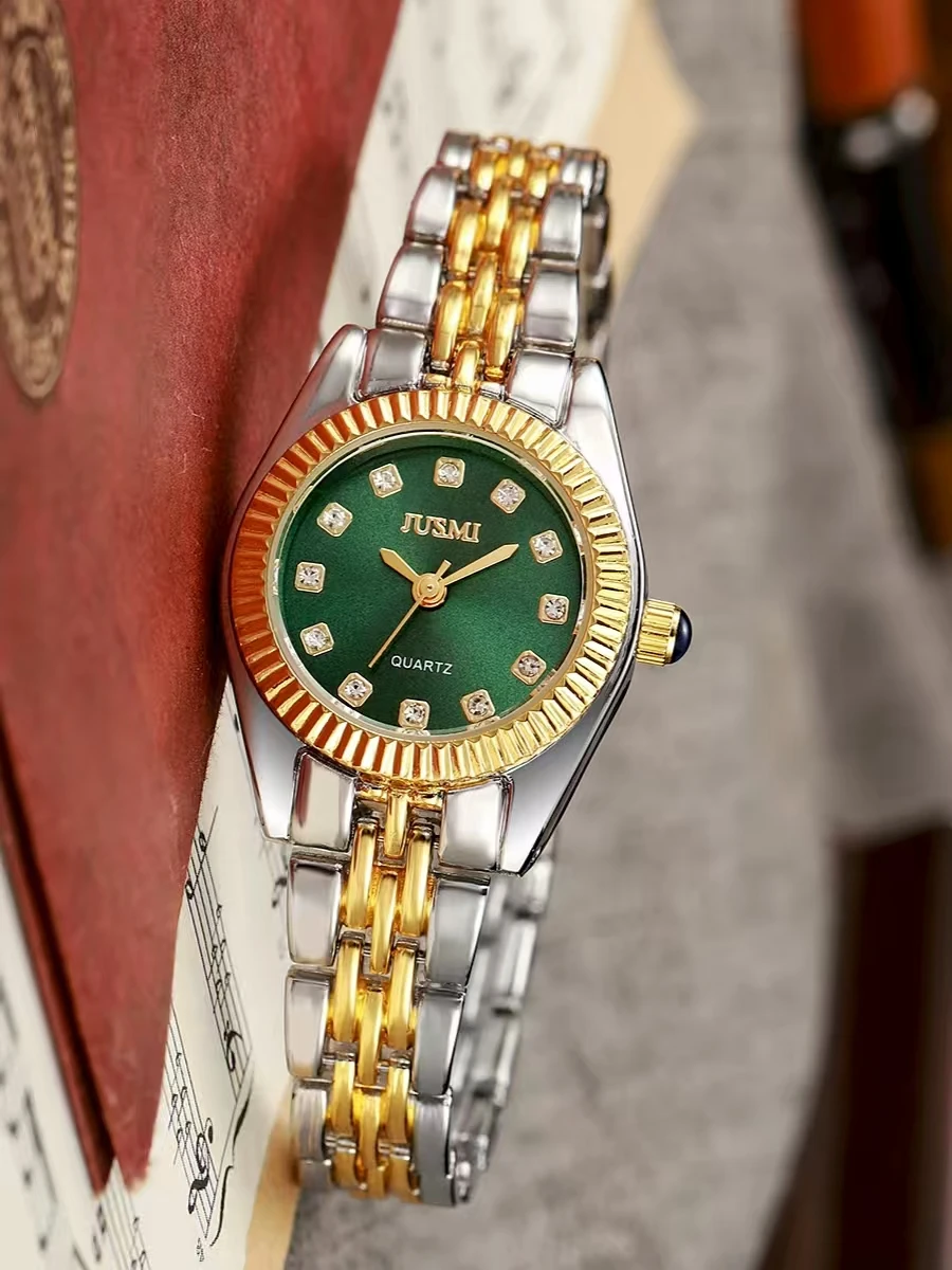 

Luxury Two-Tone Women's Watch, Diamond Accent Dial, Fluted Bezel, Elegant Quartz Wristwatch for Ladies