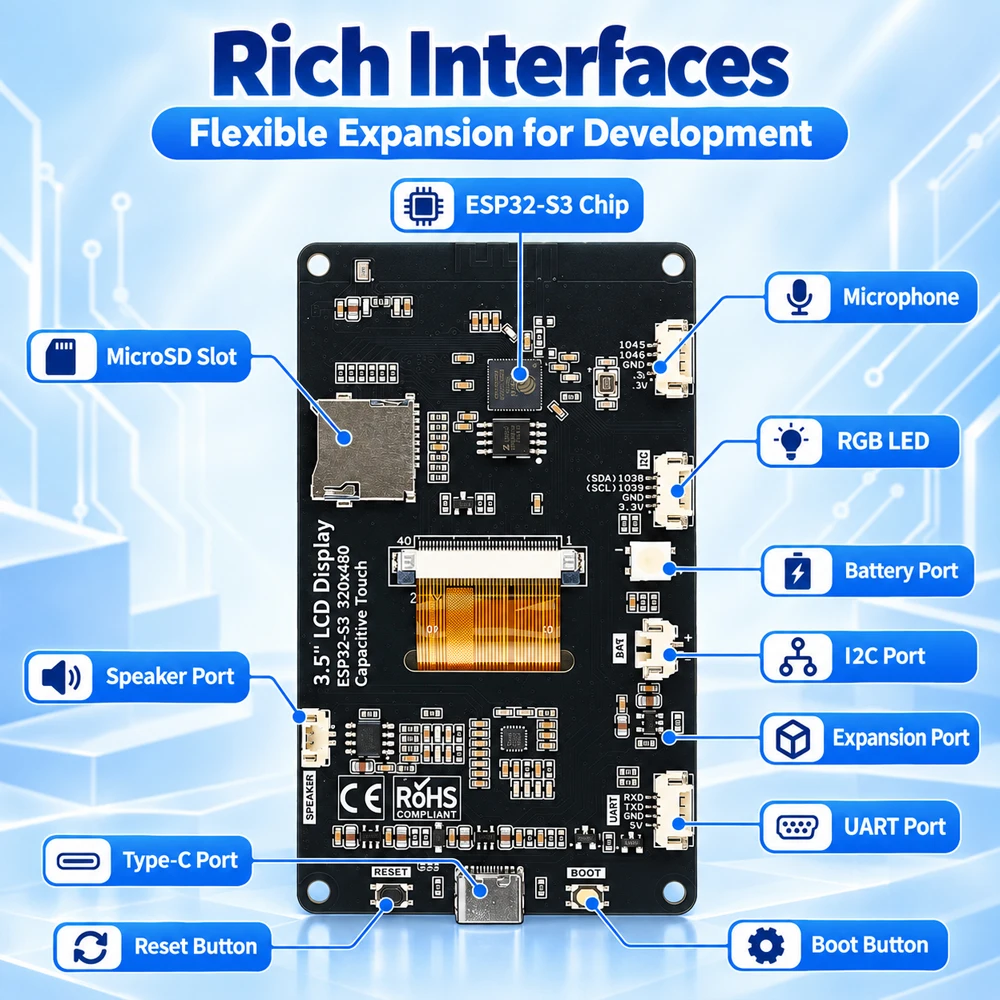 ESP32 S3 3.5 Inch IPS Capacitive Touch Display 320x480 240MHz WiFi Bluetooth HMI GUI UART AI Voice Chatbot Development Board