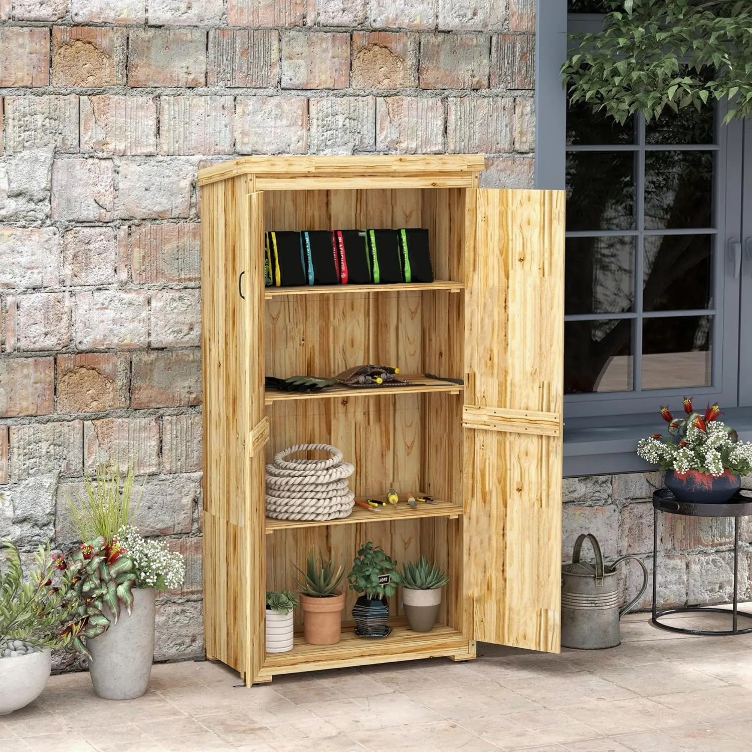 

Wooden Garden Shed, Outdoor Storage Cabinet with Waterproof Galvanized Metal Roof, Narrow Tool Shed with 3 Shelves