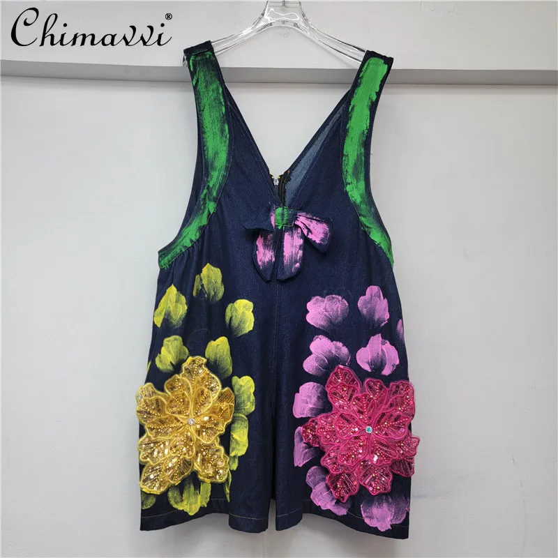

2025 Summer New Fashion Women's Overalls Denim Shorts Heavy Loose 3D Flower Loose Temperament Streetwear Jumpsuit Shorts
