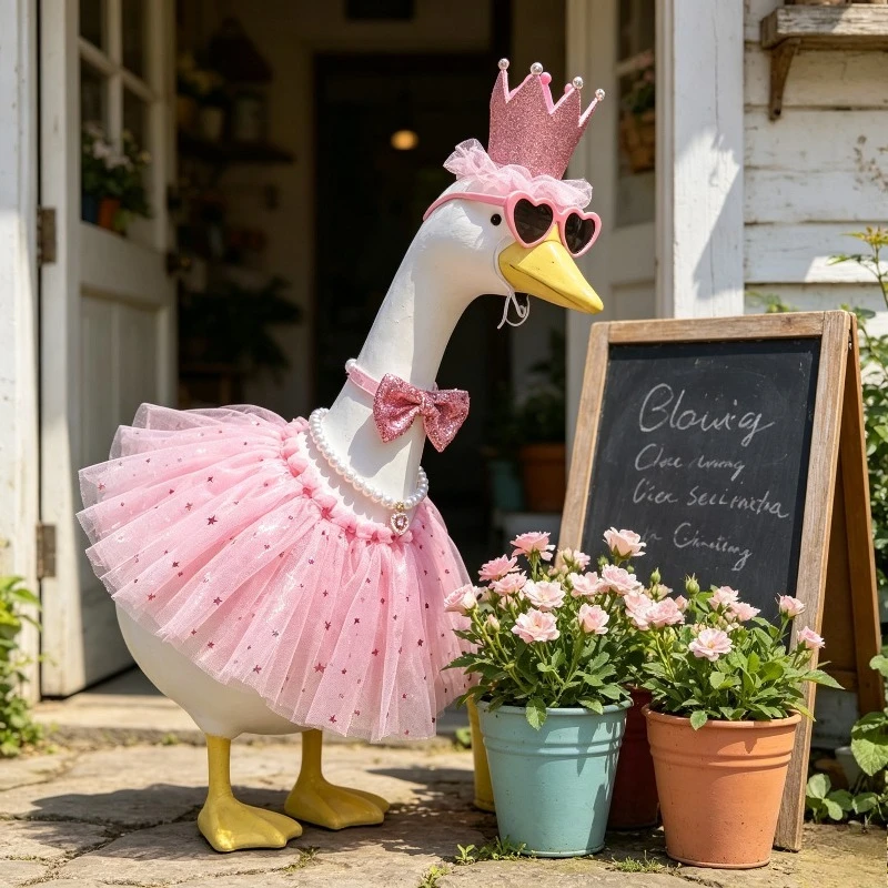 Outdoor Statue Porch Goose Princess Set Crown Pearl Necklace Tutu Skirt Duck Goose Independence Day Outfit (without Goose)