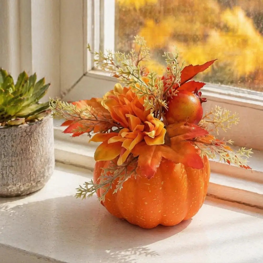 Seasonal Home Table Ornaments Fall Pumpkin Table Ornament with Artificial Foam Pumpkin Maple Leaves Berries for Autumn for Home