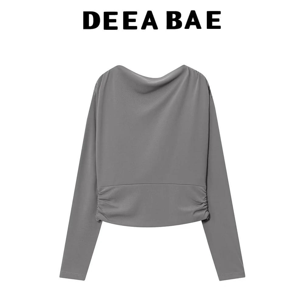 DEEABAE Outono feminino pescoço reto manga comprida costas plissadas joias top plissado cintura média conjunto de saia longa de malha