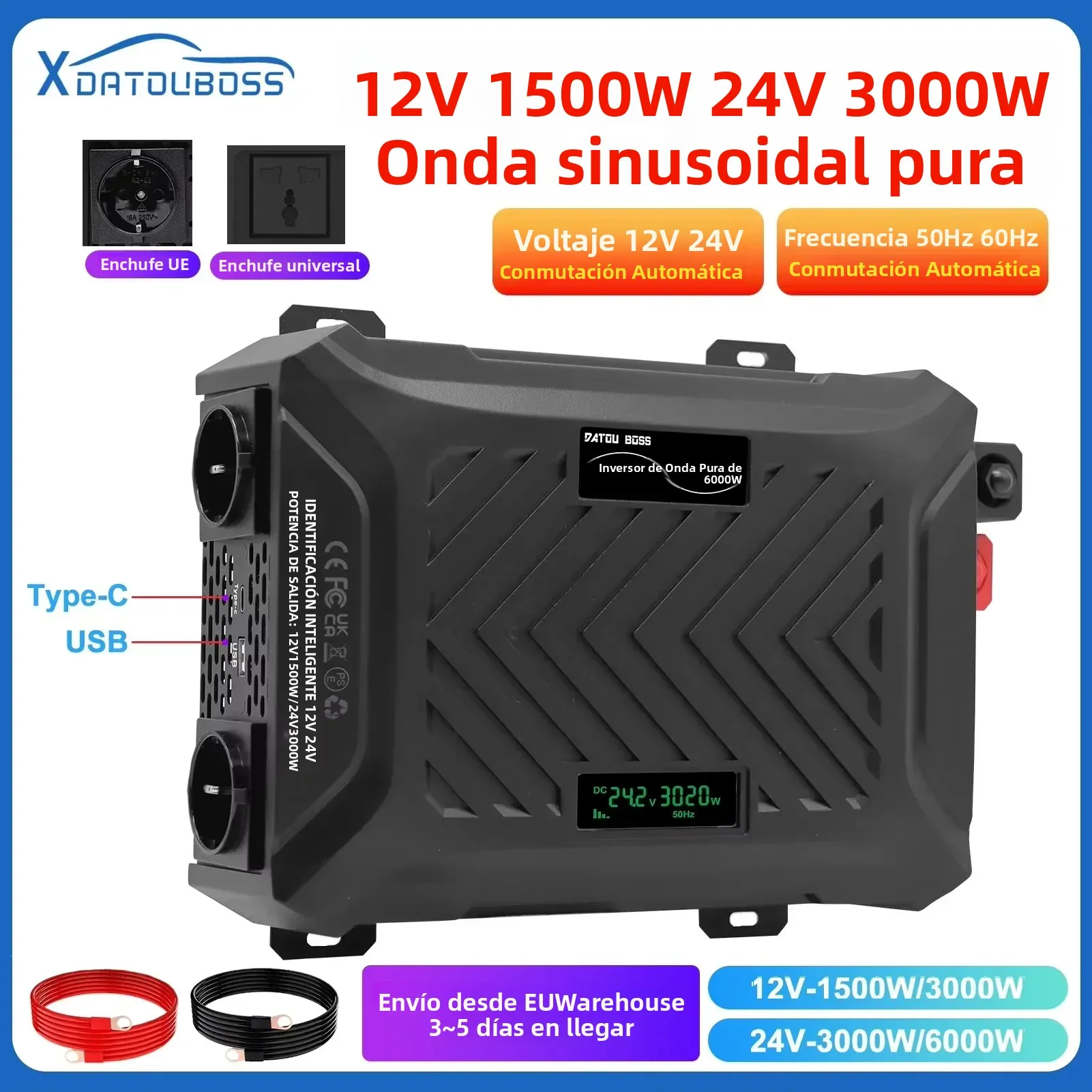 Inversor De Corriente Automático Datou Boss 12V-1500W 24-3000W, Onda Sinusoidal Pura, 50Hz O 60Hz Ajustable, Con Cables, Salida 220Vac — -29%, 96.85€ Coupon, from 225.99€ – 29% descuento – €225.99