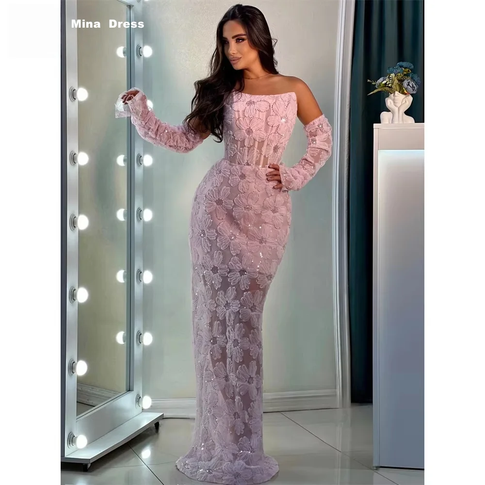 

Mina Customized Pink Boat Neck Fishtail Strapless Floral Lace Pearls Wedding Guest Dresses for Special Occasions Birthday Dress