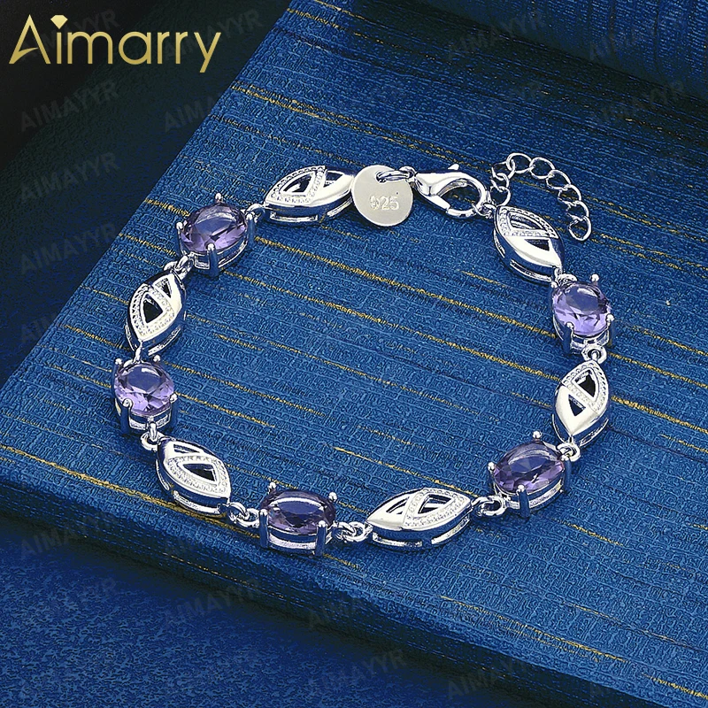 925 Sterling Silver Purple Oval AAA Zircon Hollow Blade Splicing Bracelet for Women's Banquets High-quality and Fashion Jewelry