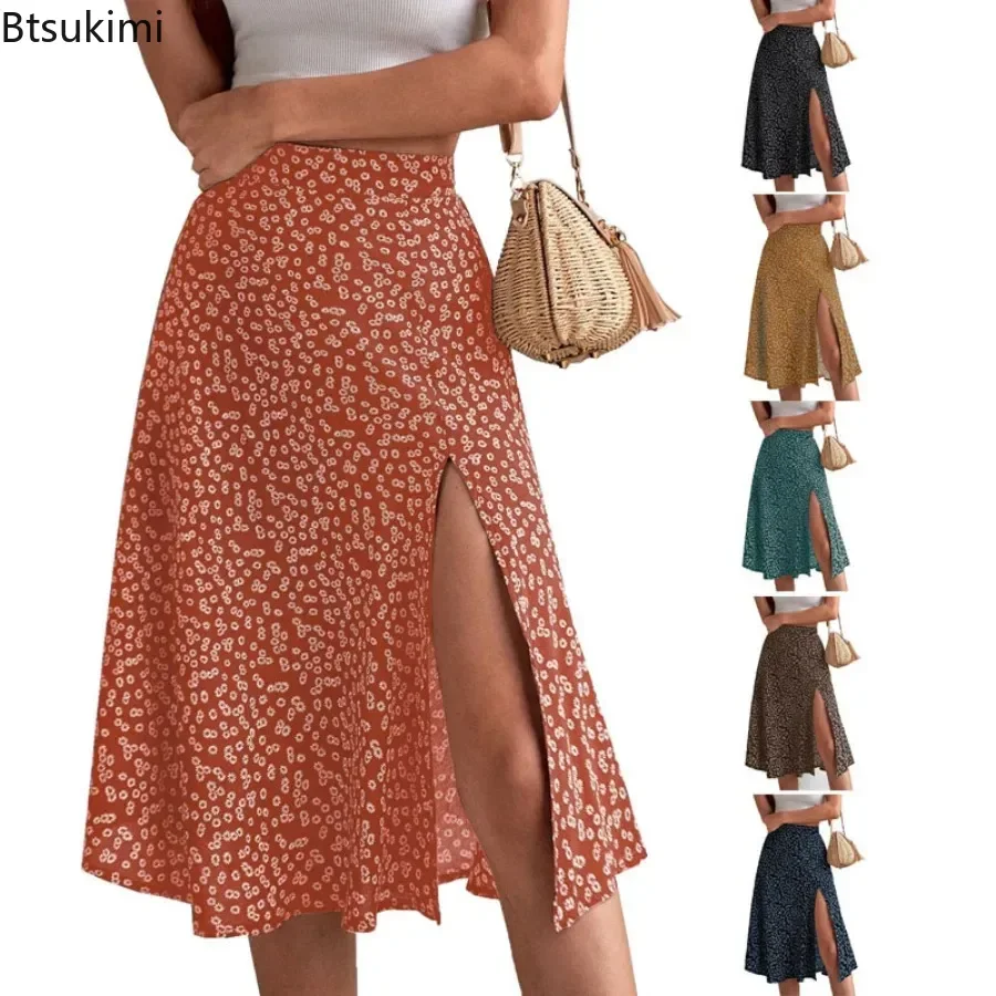 New Women's Floral Print Skirt Comfort Mid Waist Casual Daily All-match Maxi Skirts Split Hem Design A-line Wrap Hip Skirt Femme