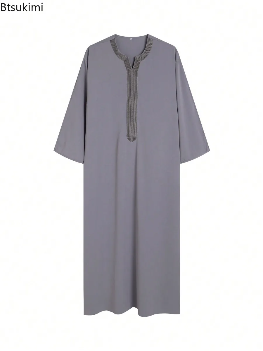 2025 Eid Musulmano Abbigliamento Uomo Stile Etnico Giunzione Ricamato a maniche lunghe Abaya Arabo Saudita Allentato Casual Robe Uomo Musulmano Thobe
