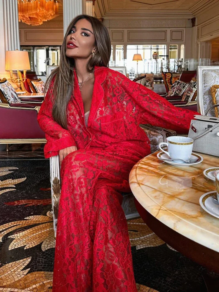 Red Sexy Y2k Lace 2-Piece Autumn Fashion Spice Girl Hollow Perspective Lapel Shirt Wide Leg Trousers Elegant Commuter Suit Women