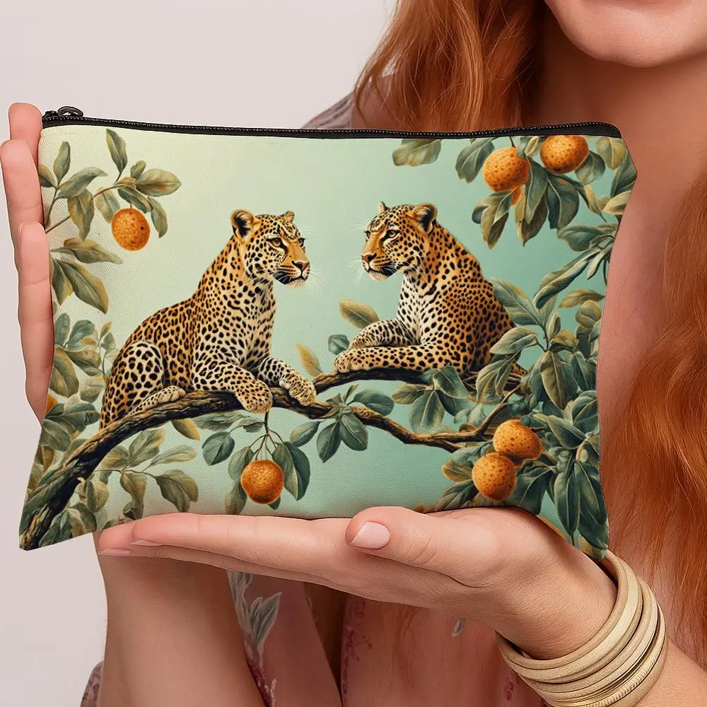 Vintage Print Cosmetic Bag Leopard Branch Orange Lightweight Travel Makeup Organizer Portable Toiletry Pouch with Zipper Closure