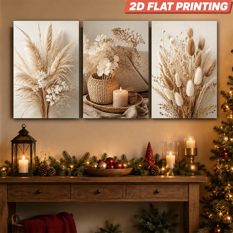 2D Flat, 2D Flat, 2D Flat 3pcs Unframed Canvas Painting Wall Art Natural Dried Floral Gift