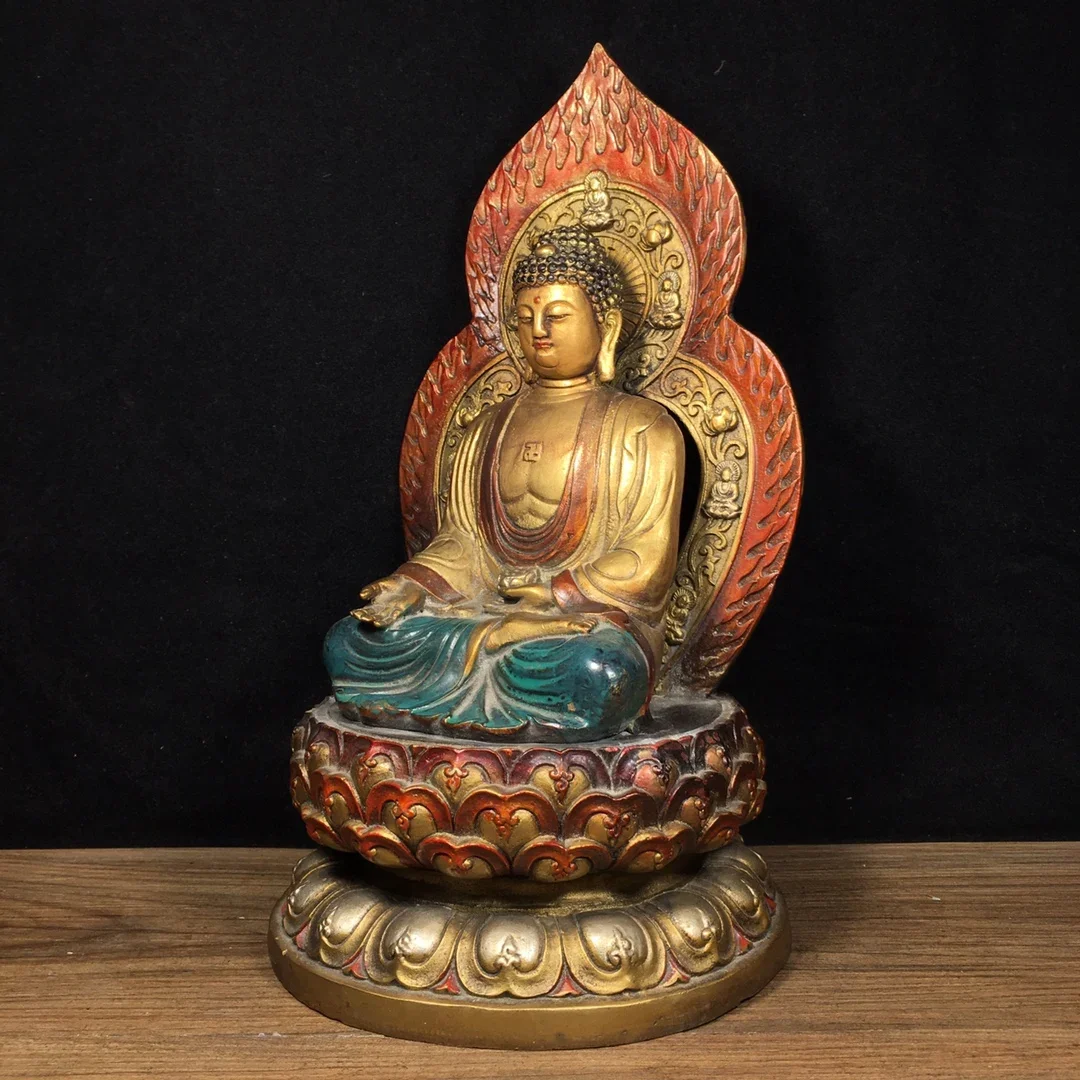 

12"Old Xizang Folk Collection Old Bronze Painted Sakyamuni Buddha Backlight Lotus stage Worship Hall Town House Exorcism