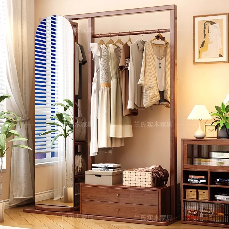 Solid wood coat rack, full-length mirror integrated multi-functional full-body mirror, hanger, household bedroom, living room st
