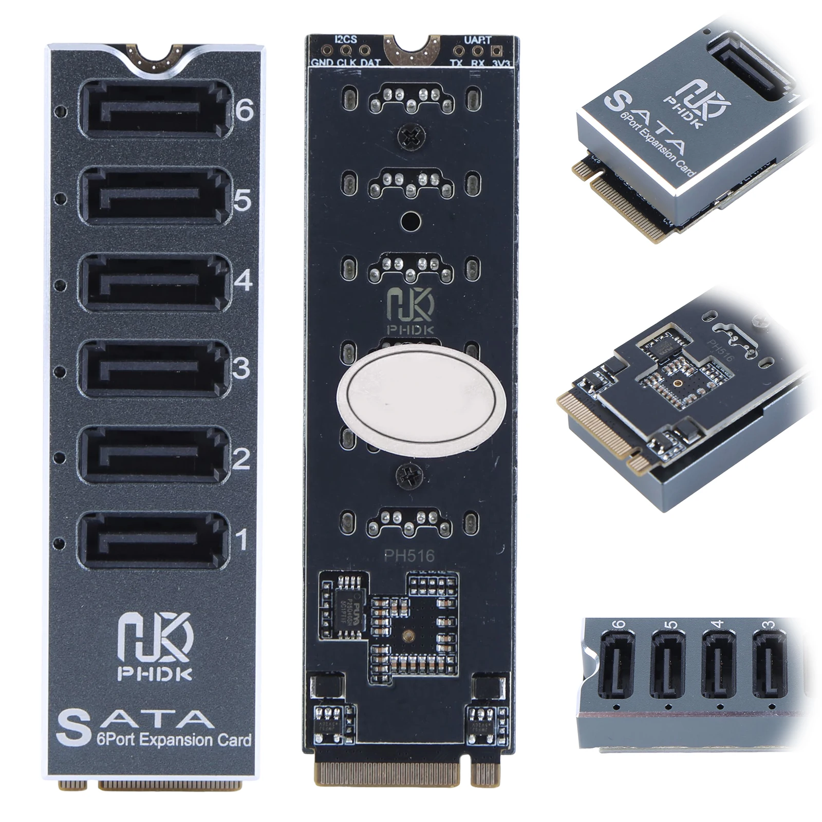 M.2 To SATA3.0 Adapter Card with Smart Indicator M.2 NVMe To 6 Ports SATA 3.0 Expansion Card ASM1166 Chip for Desktop PC
