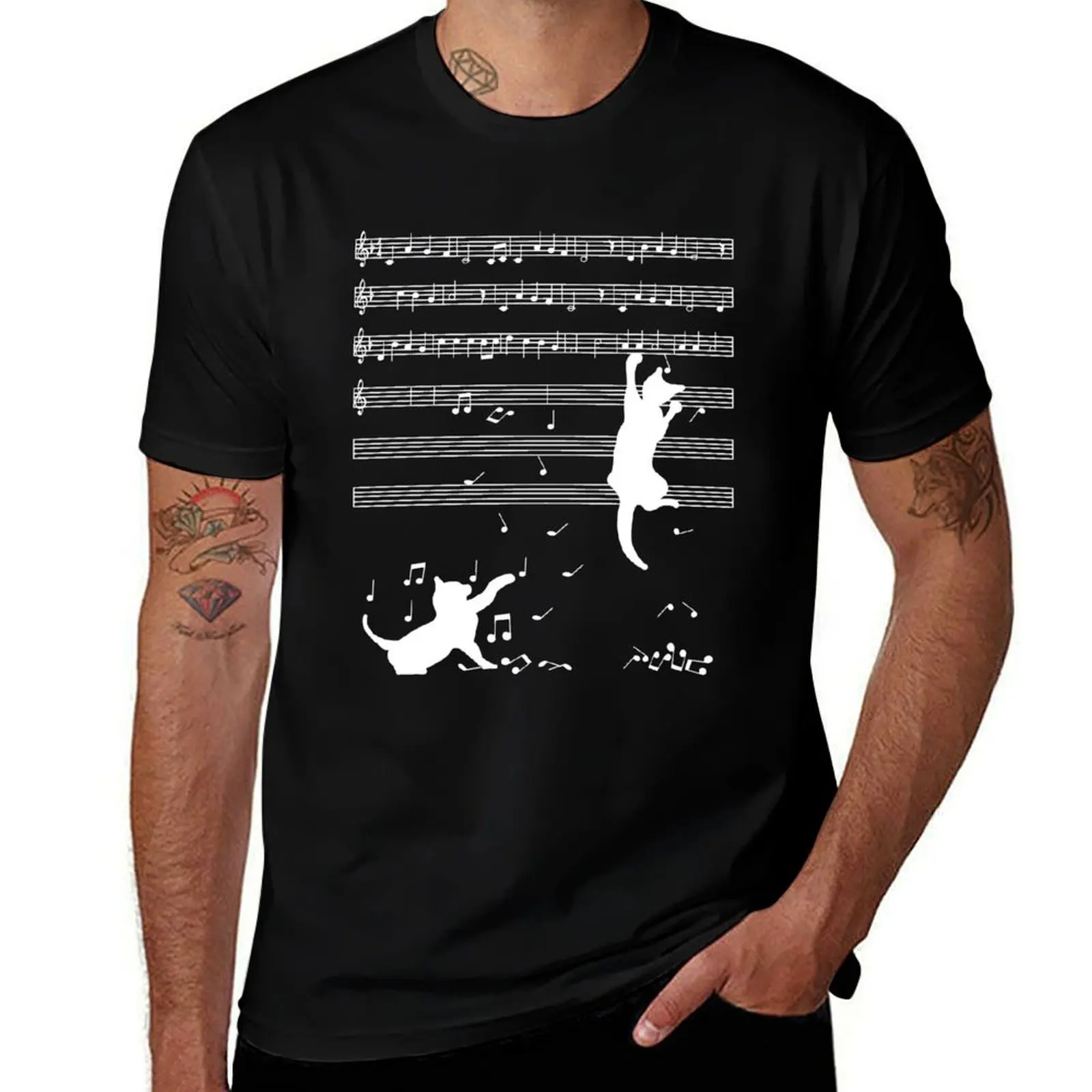 

Cats Playing Musical Notes Design T-Shirt Simple Casual Short Sleeve Tee