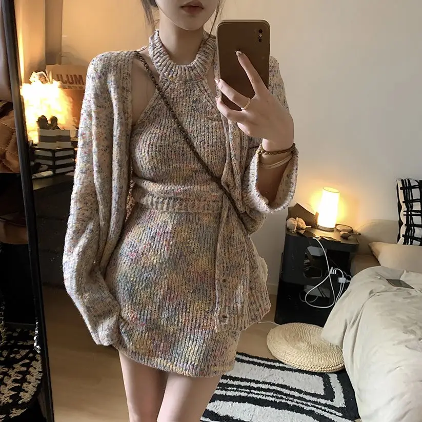 Knitted Sweater Jacket Halter Neck Vest Mini Skirt Three-Piece Women High-Waist Hip-Hugging Sexy Hottie Suit