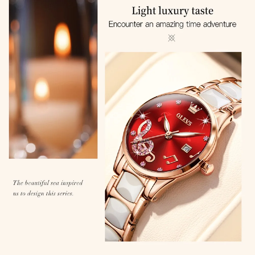 OLEVS 3605 Quartz Watch Women Fashion Casual Musical Element Design Waterproof Creative Ceramic Brand Wristwatch Top Gift Lover