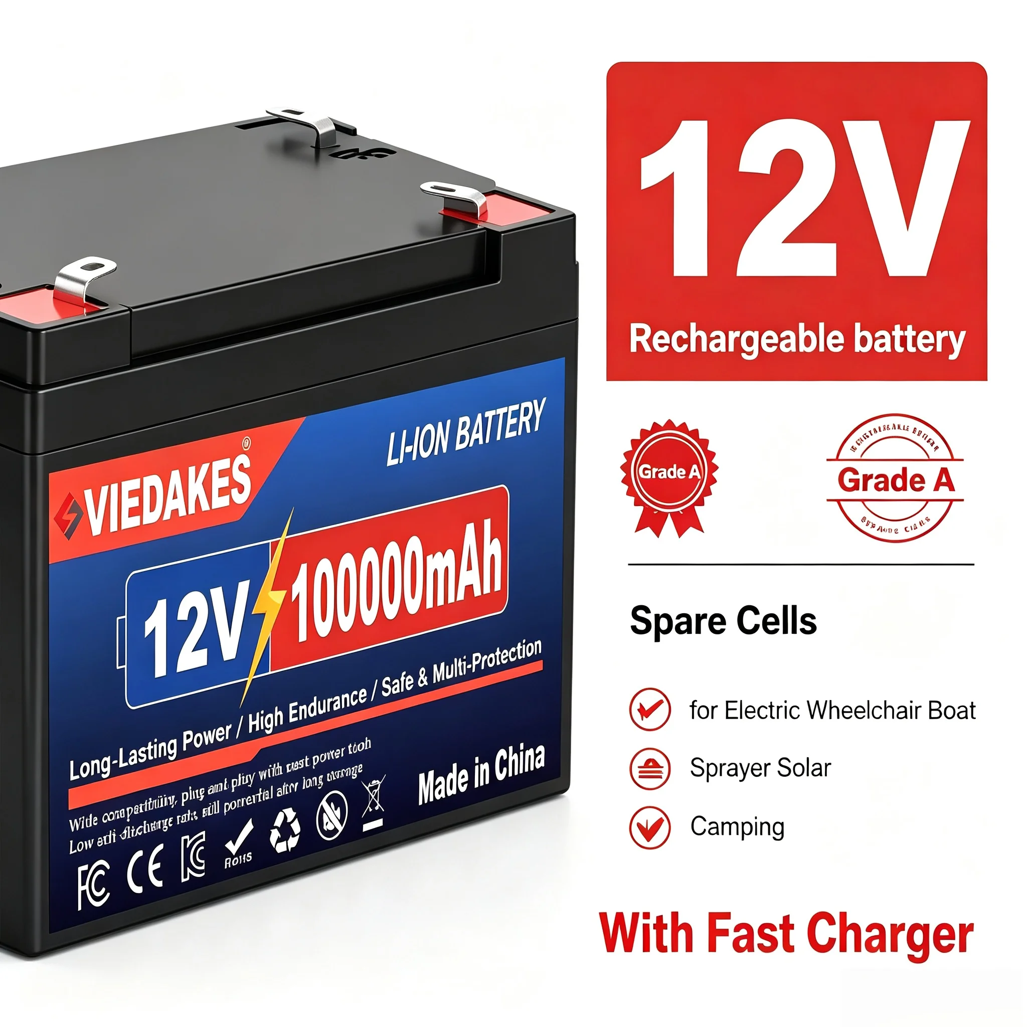 12V 100Ah 80Ah 60Ah 18650 Lithium Rechargeable Battery Pack for Sprayer Kids Electric Toy Car Scale Access Control+3A Charger
